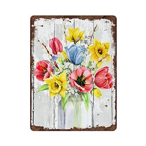 Retro-Metall-Blechschild, 14 x 20 cm, Frühlingsblumen, traditioneller Frühlingsstrauß, Wandkunst, Tulpen, Narzissen, Mohnblumenschild, rustikales Bauernhaus-Dekor, Heimdekoration, Kunstposter von Cardigirl