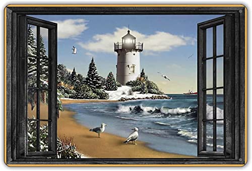 Retro-Metall-Blechschild, 20,3 x 30,5 cm, Fensterblick, Leuchtturm im Winter, Wanddekoration für Büro, Zuhause, Klassenzimmer, Badezimmer, Geschenk, rustikale Heimdekoration, lustige Raumdekoration von Cardigirl