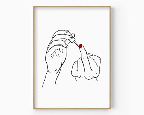 Retro-Metall-Blechschild, 20,3 x 30,5 cm, Kunst der Frau, die Nagellack auf Mittelfinger, Mittelfinger, einzeiliger Kunstdruck, Mittelfinger-Poster, Linie, Handzeichnung, modische Kunst, rustikale von Cardigirl