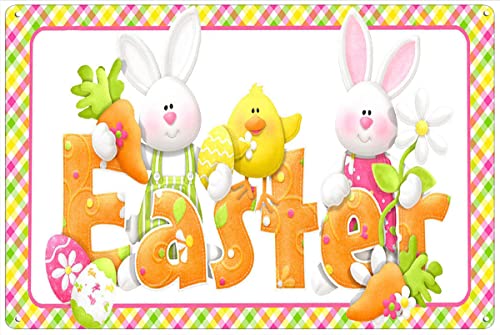 Retro Metall-Blechschild 20,3 x 30,5 cm Osterkranzschild Frühling Gingham Bunny Metallkranz Befestigung Osterhase Schild Heimdekoration Kunst Poster Metallschild Blechmalerei nostalgisches Blechschild von Cardigirl