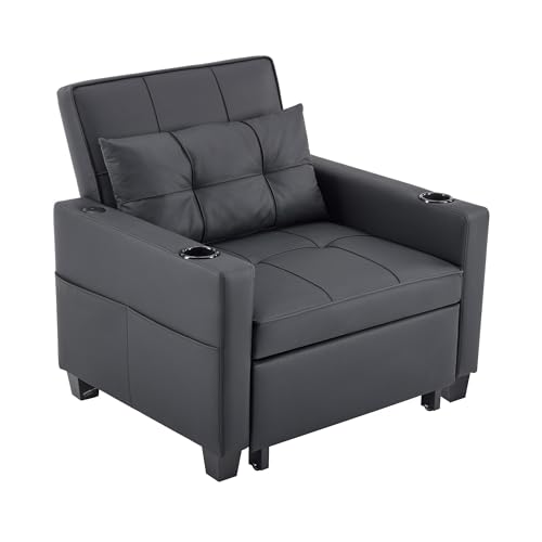CareCooo Ausziehbares Sofa mit USB-Anschluss, Einzelsessel mit Getränkehalter, Schlafsessel in Weiß, 3-in-1 Multifunktional (Black, L) von CareCooo