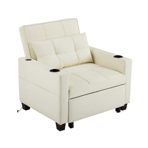 CareCooo Ausziehbares Sofa mit USB-Anschluss, Einzelsessel mit Getränkehalter, Schlafsessel in Weiß, 3-in-1 Multifunktional (White, L) von CareCooo
