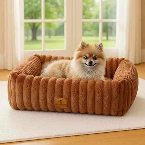 CareCooo Flauschiges Hundebett Mittlere Hunde, Waschbar Abnehmbar, Rechteckig, rutschfest & Komfortabel, Hundekörbchen, Hundekissen, Hundesofa für Mittelgroße Rassen, Braun, M(63x53x18cm) von CareCooo