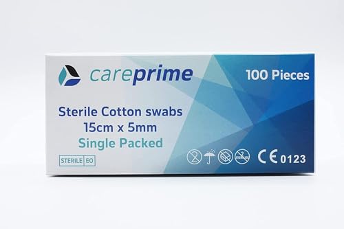 CarePrime Holzgriff Wattestäbchen Applikator Medical Tupfer Baumwolle Cotton Swab 15cm (5mm Kopf) (Steril) von CarePrime