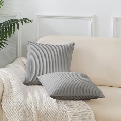 Caregchrisj Kissenbezug 45x45 2er Set Kordsamt Kissenbezug Grau gestreiftes Muster Kissenbezüge gelten für Wohnzimmer,Sofa,Schlafzimmer,Balkon,Kinder,Deko Kissenhülle mit Verstecktem Reißverschluss von Caregchrisj