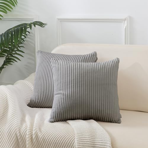 Caregchrisj Kissenbezug 50x50 2er Set Kordsamt Kissenbezug Grau gestreiftes Muster Kissenbezüge gelten für Wohnzimmer,Sofa,Schlafzimmer,Balkon,Kinder,Deko Kissenhülle mit Verstecktem Reißverschluss von Caregchrisj
