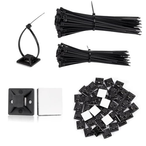 200 Stück Kabelbinder Schwarz Set 120mm 150mm mit 150 Stück Halter Selbstklebend, Kabelhalter mit Klebesockel Nylon Kunststoff Kabel Organisation für Kabelmanagement Garten Büro Werkstätten von Carehabi