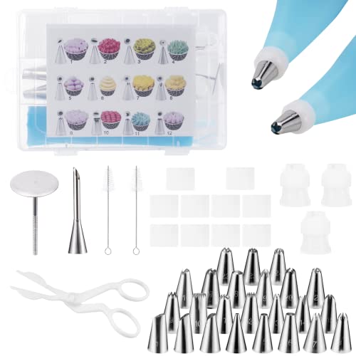 Carehabi Spritztüllen Set, Kuchen Dekorieren Set 34 Stücke, 2Torten Spritztüllen Set aus Edelstahl, 2 Wiederverwendbare Silikon Spritzbeutel, für Kuchen Cupcakes Cookies Gebäck Decoration von Carehabi