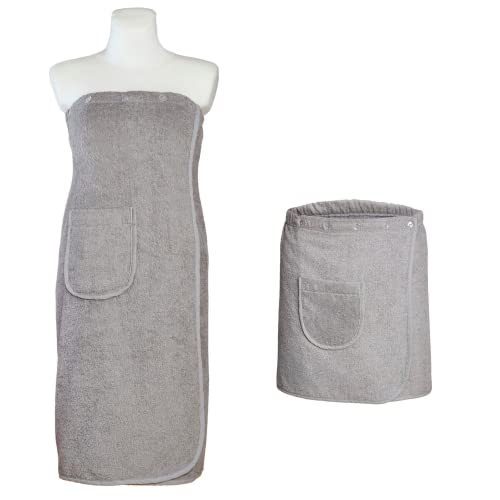 Carenesse Sauna Kilt Set Damen & Herren grau I Frottee Saunakleid 80 x 140 cm & Saunarock 50 x 140 cm I Baumwolle Öko-Tex 100 I Saunatücher 5-Fach Knopfleiste, Gummibund & Tasche von Carenesse