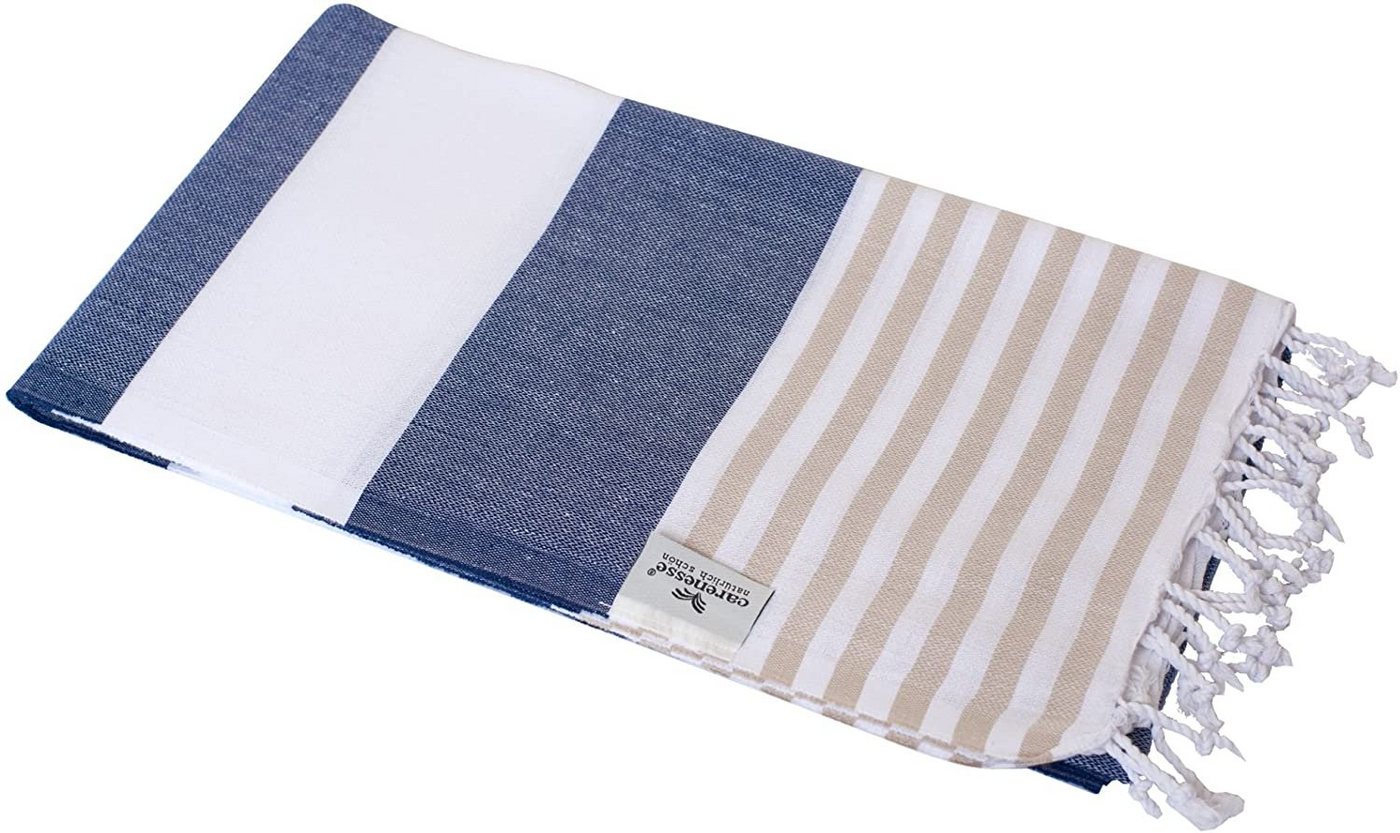 Carenesse Strandtuch Hamamtuch Tommy 100 x 180 cm Hamam Handtuch Baumwolle blau weiß beige, Baumwolle, breit & saugfähig Pestemal Fouta I Saunatuch Strandtuch Camping Towel von Carenesse