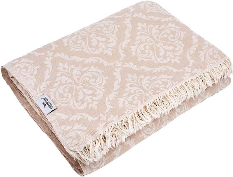 Tagesdecke Jacquard King Size Barock 260 x 260 cm beige, 100% feine Baumwolle, Carenesse, Edle & zarte Wendedecke Überwurf für Bett & Sofa Wohndecke Tischdecke von Carenesse