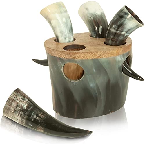 Carfar Handicrafts Thor inspiriertes, authentisches handgefertigtes Wikinger-Met-Trinkhorn mit Ständer, 4er-Set für Ale & Beer (je 17,8–20,3 cm) von Carfar