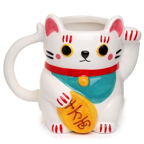 Caribou Living Weiße Katze Maneki Lucky 3D Keramik Neuheit Niedliche Tasse 400 ml für Heißgetränke, Tee, Kaffee, heiße Schokolade von Caribou Living