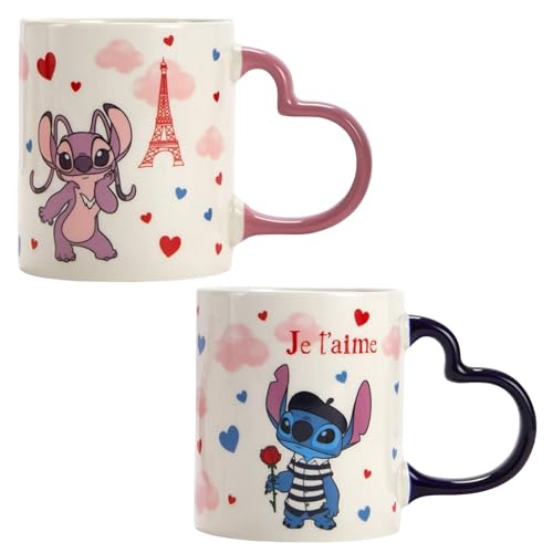 Disney Stitch & Angel French Love Heart Paris Porzellantassen, 380 ml, für heiße Getränke, Tee, Kaffee, heiße Schokolade, 2 Tassen von Caribou Living