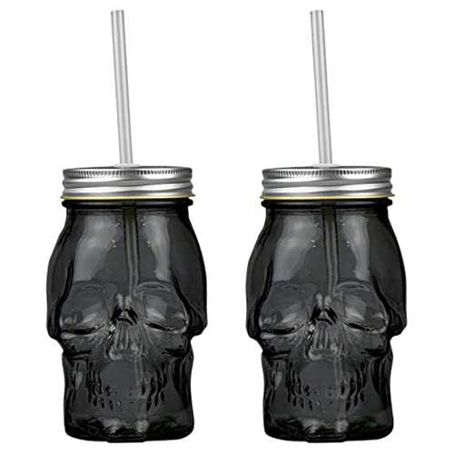 Totenkopf-Glas, 450 ml, mit Deckel und Trinkhalmen, 2 Gläser von Caribou Living