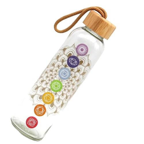 Wasserflasche mit 7 Chakra-Symbolen, stark, wiederverwendbar, schlankes Glas, 500 ml mit Bambusdeckel von Caribou Living