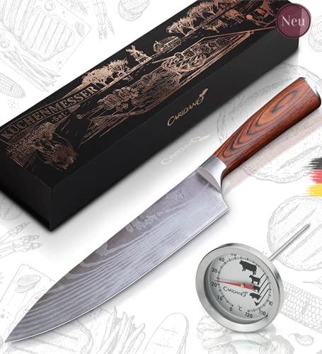 Caridano® Messerset - Fleischmesser inkl. Bratenthermometer - Kochmesser mit ergonomischem Holzgriff aus Pakka Holz - Küchenmesser aus hochwertigem MOV Stahl mit Damast Lasermuster - Knife Set von Caridano