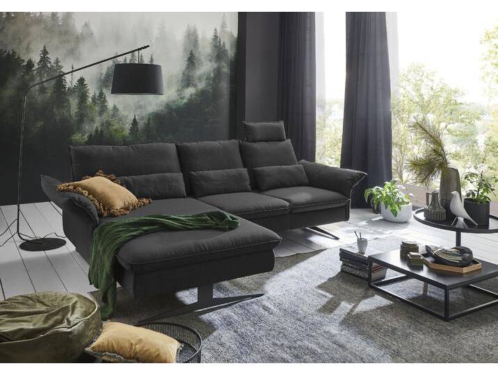 Ecksofa 3C CARINA Haya modernes Funktionssofa, Tonnentaschen-Federkern, L-Form , grau (dunkelgrau), B:290cm H:94cm T:108cm, Flachgewebe (100% Polyester), Struktur weich (16% Baumwolle, 79% Polyester, 5% Polyacryl), Sofas, incl. 2 Kopfstützen, manuelle Sitztiefenverstellung für mehr Komfort von Carina-Polstermöbel