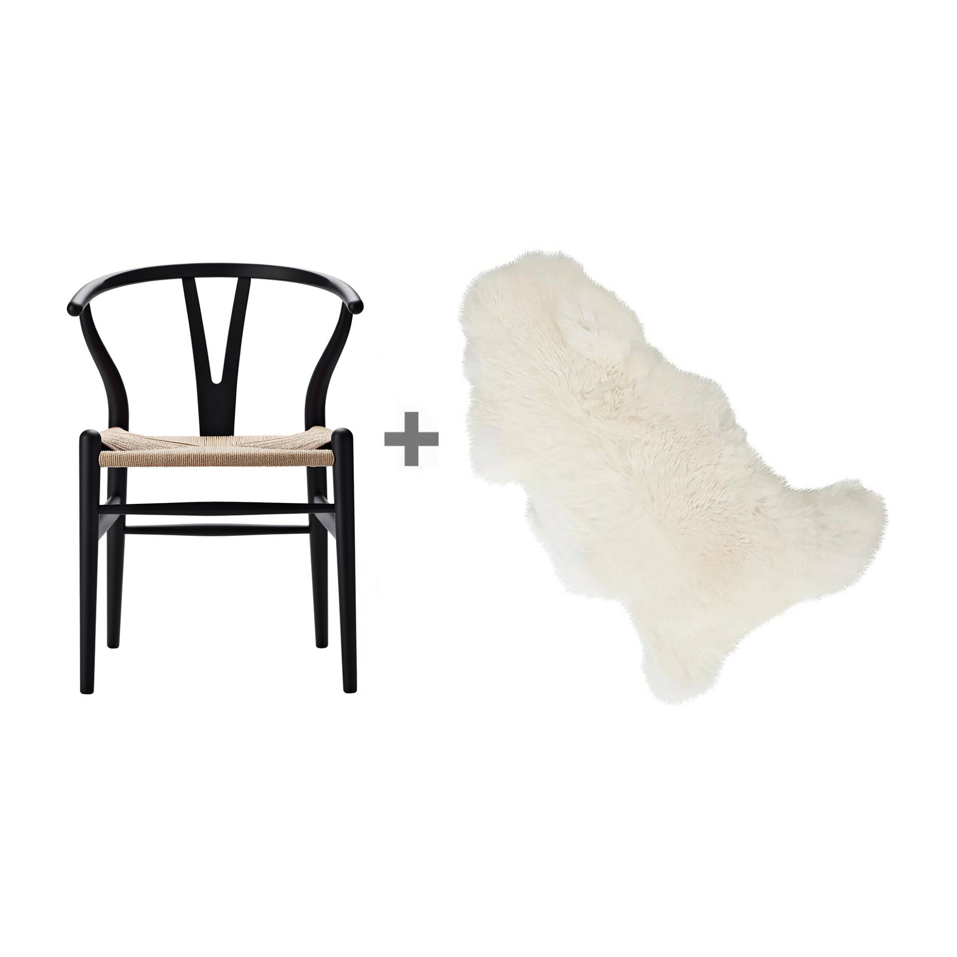 Carl Hansen - Aktionsset CH24 Wishbone Chair mit Fell - soft schwarz NCS S9000-N/Geflecht Papiergarn natur/BxHxT 55x76x51cm/Lammfell gratis! von Carl Hansen