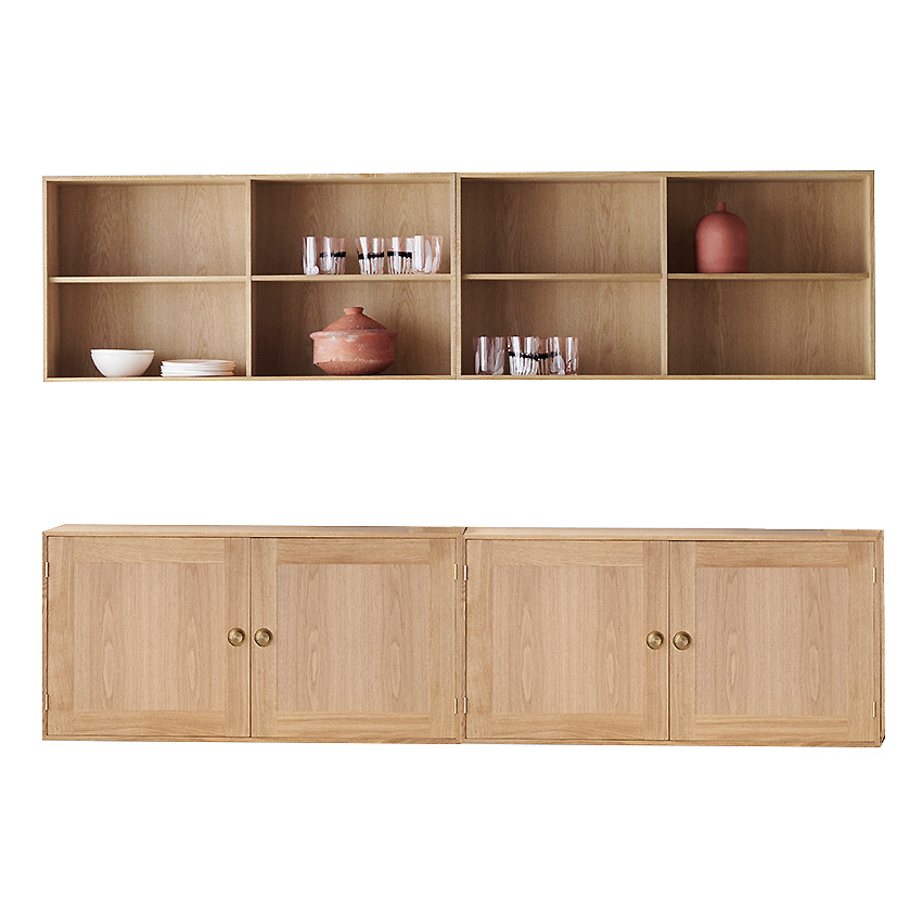 Carl Hansen - FK63 Hängeschrank 224x36x112cm - Eiche massiv geölt/Details Messing/8 offene Fächer/2x Wandschrank mit 2 Türen 112x36x56cm/2x offenes Wa von Carl Hansen