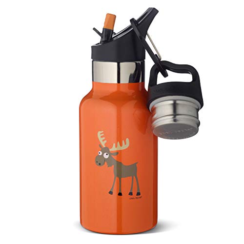 Carl Oscar Doppelwandige Thermosflasche für Kinder – Isolierflasche jetzt heiß 10 oder 24 Stunden kalt. 0,3 Liter mit einem Elch, in Orange. Lieferung mit 2 Deckeln, davon einer mit Strohhalm. von Carl Oscar