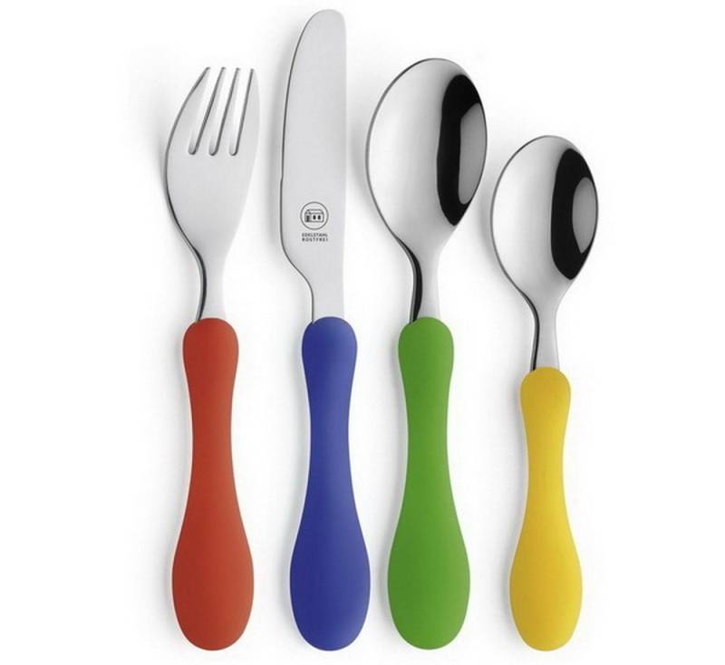 Carl Schmidt Sohn Kinderbesteck Essbesteck Kinderlöffel Besteck-Set Kindergabel (4-tlg), Farbige Kunststoffgriffe, rostfreier Edelstahl, 4 Teile von Carl Schmidt Sohn