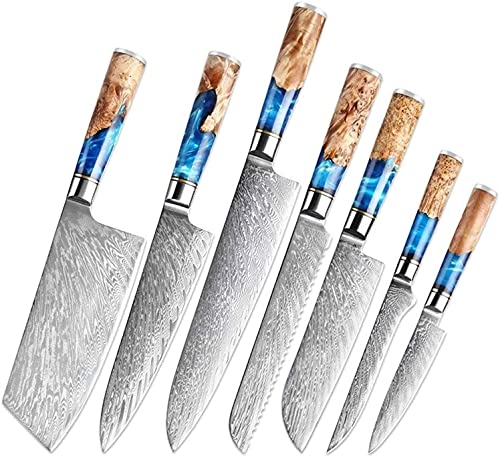 Carlong VG10 messer 7er Damastmesser-Set mit Klingenlängen von 11.5cm bis 24.1cm extrem scharf aus 67 Lagen I Profi Küchenmesser Set aus echtem japanischen Damaststahl mit (7pcs Knives) von Carlong