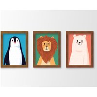 Wandbilder 3Er Set Löwe Bär Pinguin - A4 Für Kinderzimmer Jungen Und Mädchen Wanddeko, Kunstdruck, Kinderposter, Kinderzimmerdeko, Poster von CarlottaKleeShop