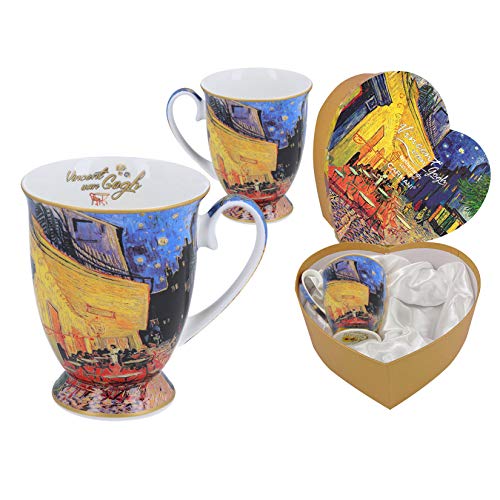 CARMANI - 2er Set Tasse aus feinem Knochenporzellan für Tee, Kaffee in einer herzförmigen Geschenkbox mit Vincent Van Gogh - Café Terrasse bei Nacht 380ml von Carmani