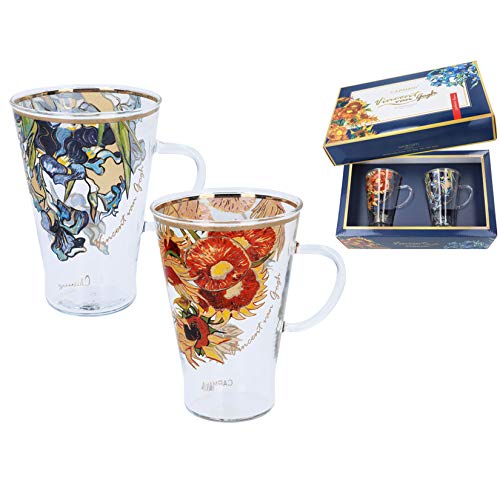 CARMANI - Einzigartige Glas bemalte Kaffee Latte Cappuccino Tee heiße Schokolade Tasse mit 'Irises' und 'Sonnenblumen' von Vincent Van Gogh - 400 ml von Carmani