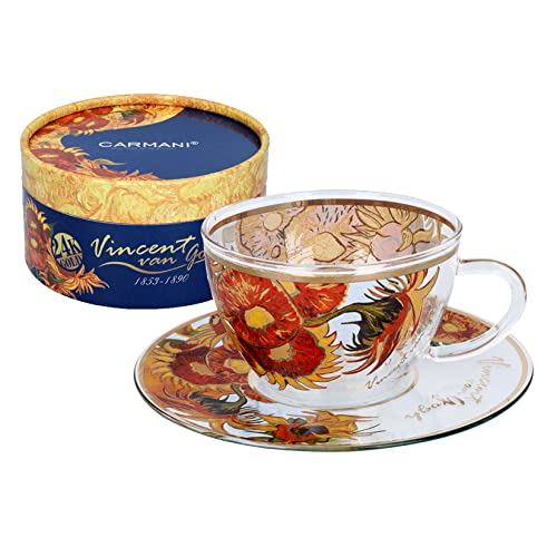 CARMANI - Einzigartige Glas bemalte Kaffee Latte Cappuccino Tee heiße Schokolade Tasse mit 'Sonnenblumen' von Vincent Van Gogh -250 ml von Carmani