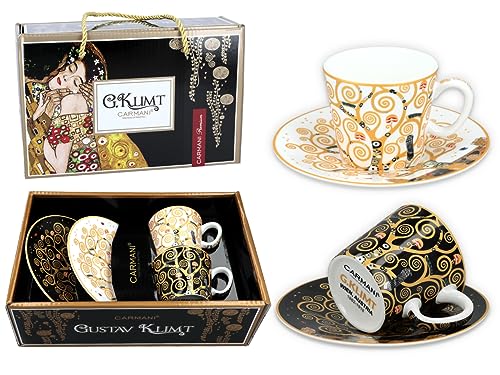 Carmani - Espressotassen mit Untertassen 2er Set, bedruckt mit Gustav Klimt Der Baum des Lebens und der Kuss 125ml von Carmani