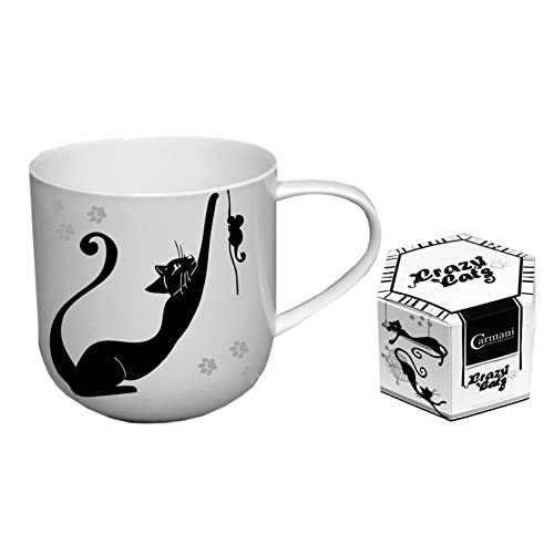 CARMANI - Fou Chats Tasse aus weißem Porzellan, bedruckt mit schwarzer Katze, 460 ml von CARMANI