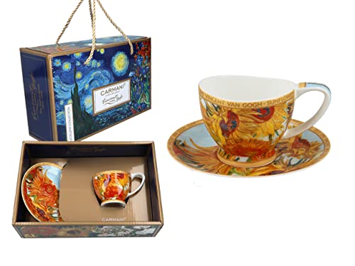 CARMANI - Keramik-Espressotasse und Untertasse mit Vincent Van Gogh, Sonnenblumen, 100 ml von Carmani