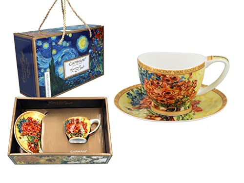 CARMANI - Keramik-Espressotasse und Untertasse mit Vincent Van Gogh, roten Mohnblumen und Gänseblümchen, 100 ml von Carmani