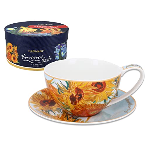 CARMANI - Porzellan-Set für Tee, Kaffee, Cappucino-Tasse und Untertasse mit Vincent Van Gogh, Sonnenblumen 360 ml von Carmani