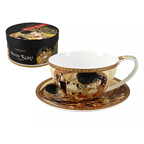 CARMANI - Porzellan Tee, Kaffee, Cappucino Tasse und Untertasse Set mit Gustav Klimt, The Kiss 360ml von Carmani