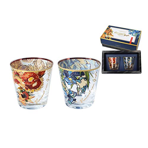 CARMANI - Schönes rundes Schnapsglas 2er Set verziert mit "Sonnenblumen" und Irises" von Vincent Van Gogh von Carmani