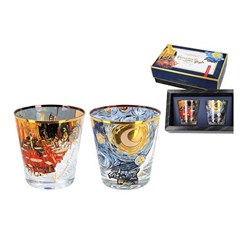 CARMANI - Schönes rundes Schnapsglas-Set mit 2 Stück, dekoriert mit "Café Terrace at Night" und "The Starry Night" von Vincent Van Gogh von CARMANI