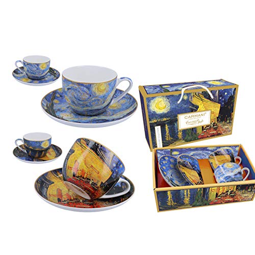 CARMANI - Vincent Van Gogh 'Sternennacht und Cafe Terrace at Night' 2er Set Porzellan Tasse und Untertasse 250ml von Carmani