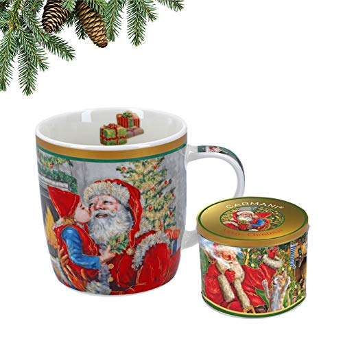 Carmani - Christmas Collection – Festliche Porzellan-Tasse in Blechdose – Weihnachtsmann, Weihnachtsbaum – 400 ml von Carmani