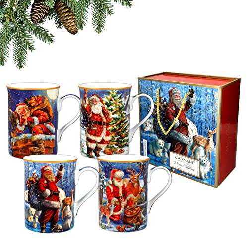 Carmani - Klassische Weihnachtstassen Set mit 4 festlichen Party-Tassen für Tee, Kaffee, heiße Schokolade, bedruckt mit Weihnachtsthema, 400 ml von Carmani