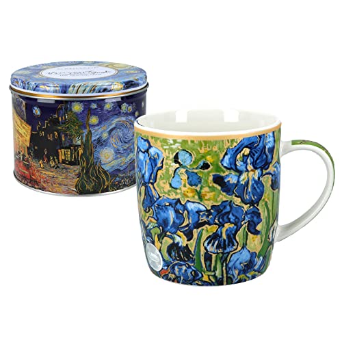 Carmani - Porzellan-Tasse für Tee oder Kaffee in einer Metalldose, für Tee, Kaffee, Zucker, Aufbewahrungsbox mit Deckel, bedruckt mit Vincent van Gogh, Irises von Carmani