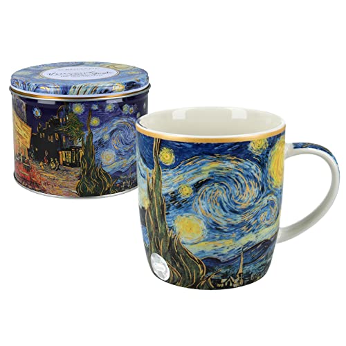 Carmani - Porzellan-Tasse für Tee oder Kaffee in einer Metalldose für Tee, Kaffee, Zucker, Aufbewahrungsbox mit Deckel, bedruckt mit Vincent van Gogh, The Starry Night von Carmani