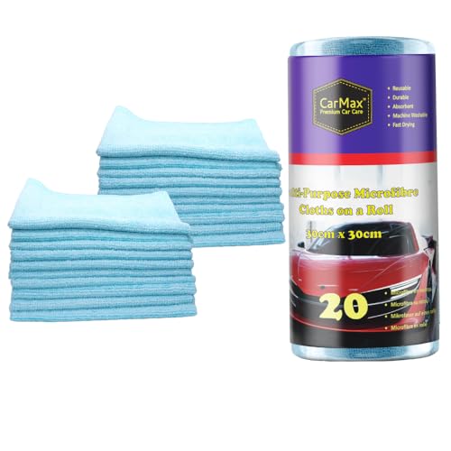 CarMax® – 20 Mehrzweck-Mikrofasern zur Autoreinigung und Detaillierung auf einer Rolle, wiederverwendbare Mikrofaser-Handtücher, 30 cm x 30 cm, auf Rolle zum Abreißen von Carmax Premium Car Care