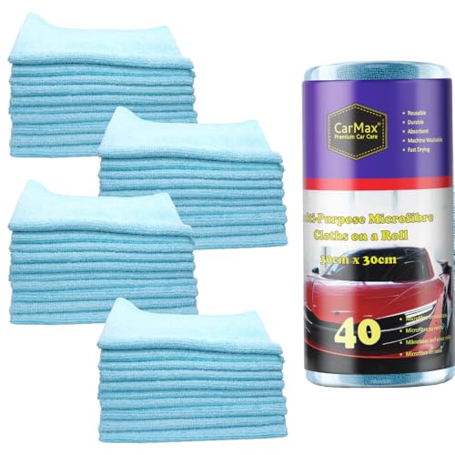 CarMax® – 40 Mehrzweck-Mikrofasern zur Autoreinigung und Detaillierung auf einer Rolle, wiederverwendbare Mikrofaser-Handtücher, 30 cm x 30 cm, auf Rolle zum Abreißen von Carmax Premium Car Care