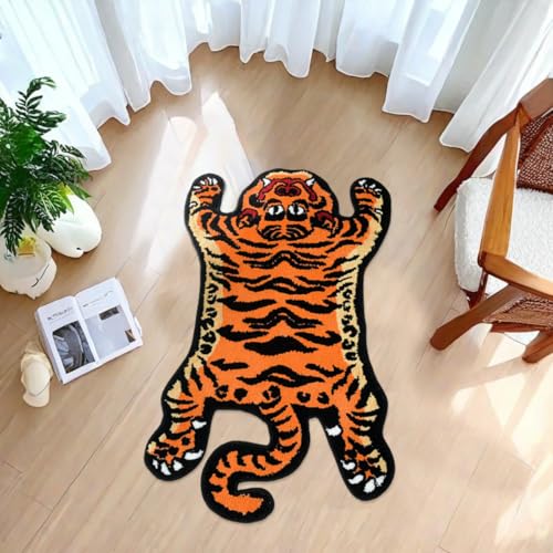 Badezimmerteppich mit niedlichem Tigermotiv, 61 x 99 cm, dick, weich, saugfähig, Mikrofaser, rutschfest, zottelig, maschinenwaschbar, trocknergeeignet, Plüsch-Duschvorleger (Orange) von Carmoion
