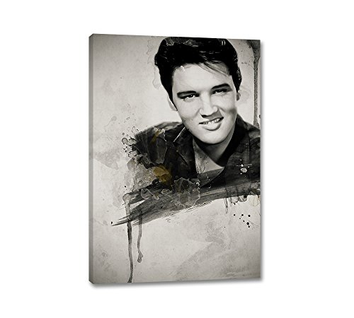 Caro-Art Elvis Presley Aquarell Art 90x60cm Portrait Digital Art Schwarz Grau Braun Leinwandbild auf Keilrahmen Wandbilder von Caro-Art