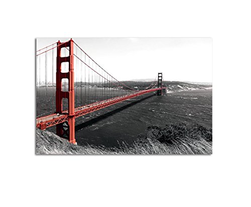 Caro-Art Wandbild Golden Gate Bridge schwarz Weiss rot Eyecatcher auf Leinwand und Keilrahmen. Beste Qualität, handgefertigt in Deutschland! 120x80cm von Caro-Art
