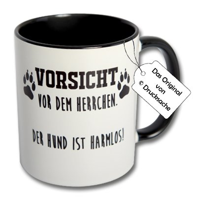 Carol Rose Photography Spruchtasse Funtasse Kaffeebecher Henkelbecher Tasse mit Spruch Teetasse Kaffeetasse Tasse mit Aufdruck Vorsicht vor dem Herrchen. Der Hund ist harmlos! von Carol Rose Photography